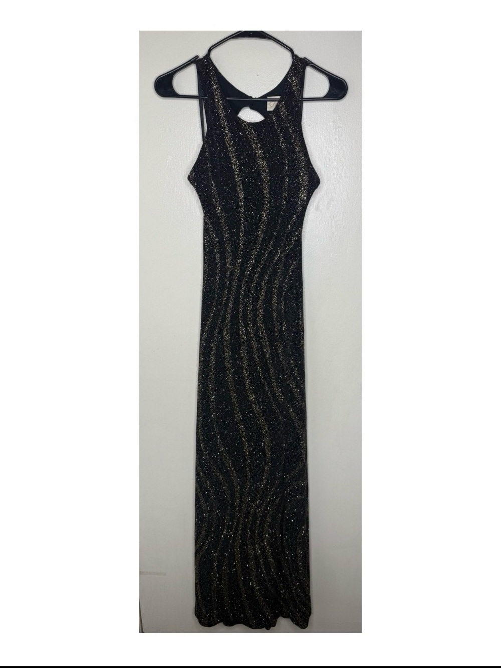 Cache Black Gold Silver Glitter Open Back Evening Gown Dress L